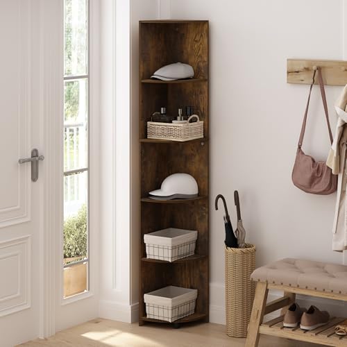 Image of Furinno ECON Corner Shelf, 5-Tier Corner Book Shelf, Storage Shelves, Display Rack, Bookshelf, for Organization and Storage, Living Room, Home Office, Amber Pine