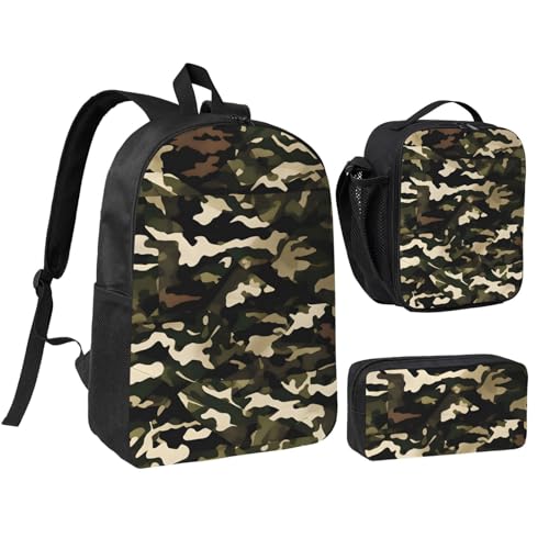 Camo print Backpack Bookbag for Daily Use,3 Pcs Backpack Set with Lunch Box and Pencil Case - Main Image