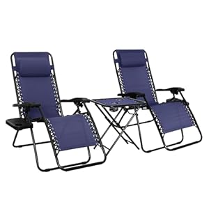 Amazon Basics Outdoor Textilene Adjustable Zero Gravity Folding Reclining Lounge Chair Set with Side Table, pack of 2, Blue