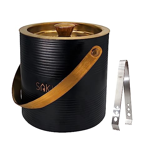 Image of SAKI | Black and Gold Ice Bucket with Tong - 1500 ml | Stainless Steel Double Walled Insulated | Ice Bucket for Bar & Home | Ripple Design Ice Bucket | Perfect for Gifting