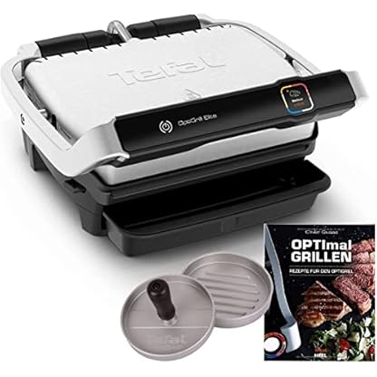 Tefal Optigrill Elite Kontaktgrill, Starke 2000W und Grillboost-Funktion + Original Hamburgerpresse Rezeptbuch | Indoor Elektro Grill 12 automatische Programme Intuitiver Sensor Touch, Edelstahl