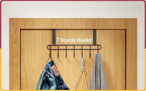 Image of Amiraj Multi-Alloy Steel Over-The-Door Hook Hanger Rack | No Drilling Required, 7 Hooks for Bedroom, Bathroom & Kitchen Doors | Hanging Organizer, Black (Pack of 1)