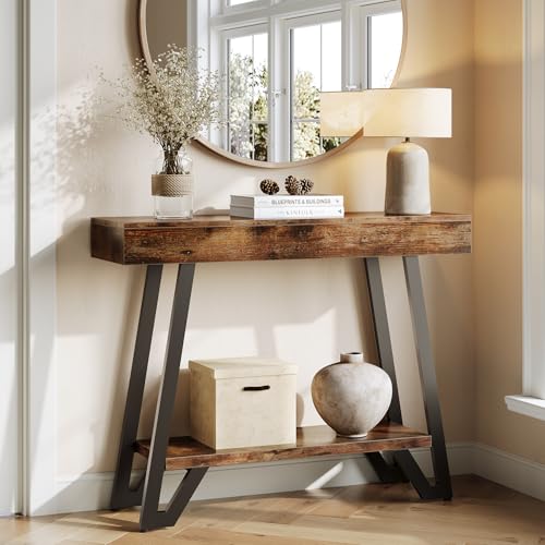 Little Tree 41-Inch Console Table with Geometric Metal Frame, Rustic Brown, Entryway Tables, Storage Shelves, 2-Tier, Industrial, Hallway Sofa Table, Accent Table, Living Room by LITTLE TREE - Used condition - CA$146.85