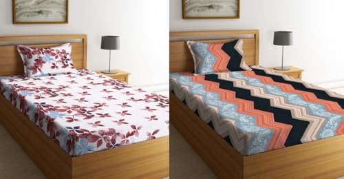 Image of la' amour Pure Cotton 220 tc Flat Single Bedsheets Combo Pack of 2 Bed Sheet for Breathable | Wrinklefree Super Soft (Size-60 X 90 Inch) with 2 Pillow Covers (Size-17 X 27 Inches, White & Orange)