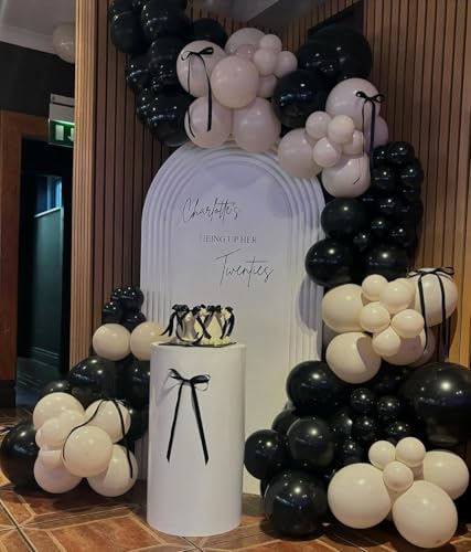Image of 153Pcs Black and Sand White Balloons Garland Arch Kit - 18 12 10 5 inch Different Size Black Cream White Confetti Balloons for Birthday Wedding Bridal Shower Anniversary Prom Party Decorations