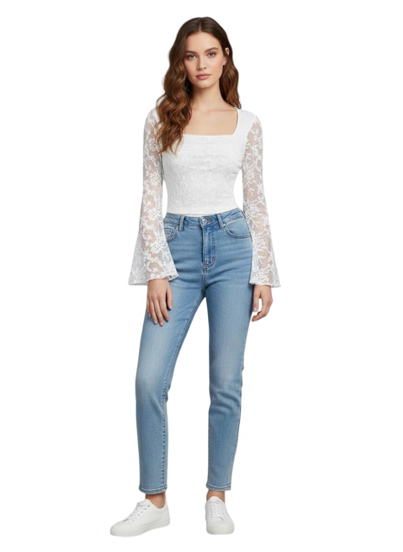 ootdfy Women’s Long Sleeve White Lace Top – Square Neck Floral Pattern, Stretch-Fit Blouse for Casual & Dressy Outfits-picture-16