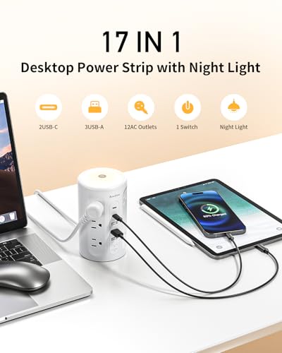 Power Strip Tower with Night Light, 15W Surge Protector Power Strip with USB Ports, 10 FT Extension Cord with Multiple Outlets (12AC+3A+2C) for Home Office Desk DormRoom (White)
