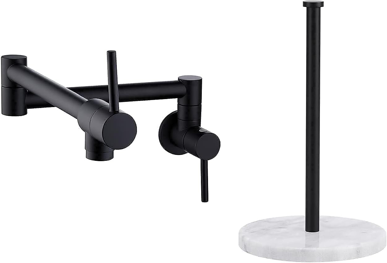 KES Kitchen Pot Filler Folding Faucet Brass Double Joint Swing Arm and Kitchen Standing Paper Towel Holder with Marble Base, KN926LF-BK+KPH100-BK