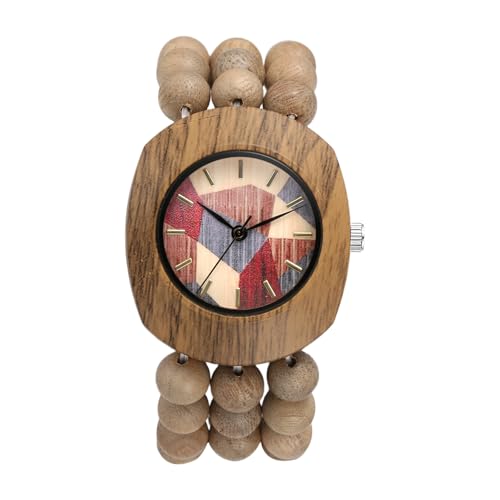 Image of JewelryWe Bohemian Wooden Elastic Watch: Handcrafted Tonneau Beaded Wood Bracelet Watches Colorful Dial with Stretch Band Analog Quartz Wristwatch for Women