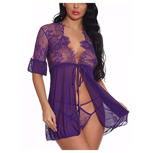 FeelinGirl Mujer Camisón Sexy Abierta Transparente Ropa Erótica de Encaje Conjunos Íntima con Tanga Morado 44
