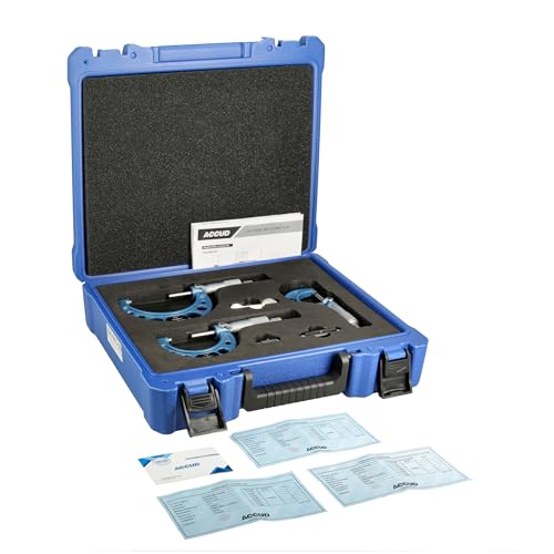 Outside Micrometer Set, 3 Pieces 0-1", 1-2", 2-3", 0.0001" Graduation, Ultra-Precision Machinist Tools, Carbide Tips, Vernier Scale, Ratchet Stop, Includes Case