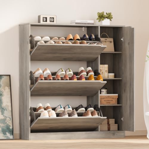 Image of BORNOON Shoe Cabinet with Side Storage, Shoe Organizer with 3 Flip Drawers