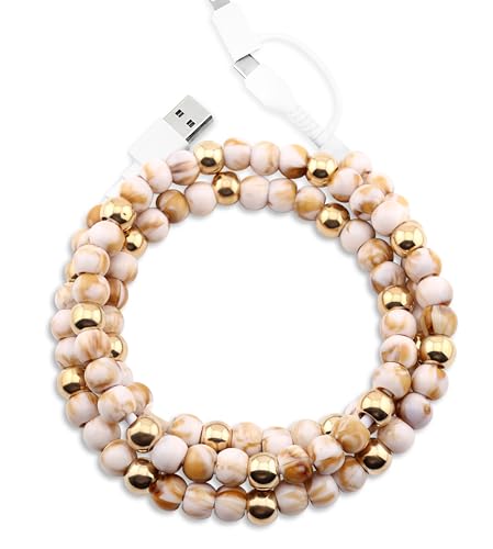 Image of Stylish Beaded Phone Charger Cable Colors USB Charging Cord for Smartphones (2-1 to USB A, Marble & Gold, 3.3ft)