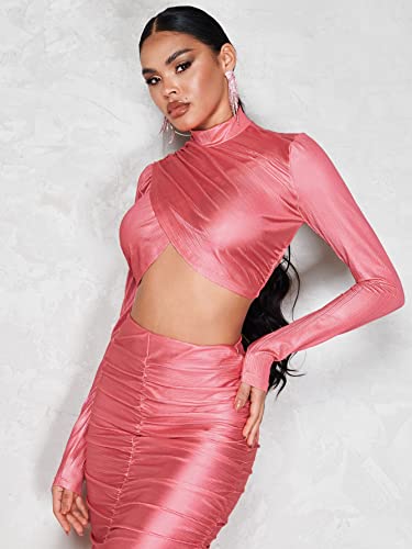 Mulheres Top Cortado Pescoço Embrulho Sem encosto (Color : Watermelon Pink, Size : M)