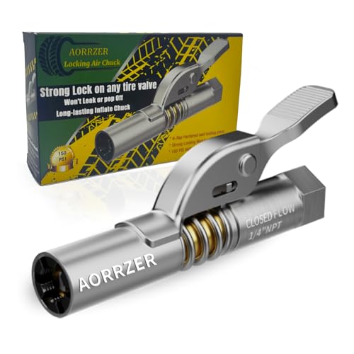 AORRZER Air Chuck, Strong Lock Tire Inflator, 150 PSI Quick Release, 1/4' NPT, Won't Leak or Pop Off, Long-lasting Locking Air Chucks - Closed Flow