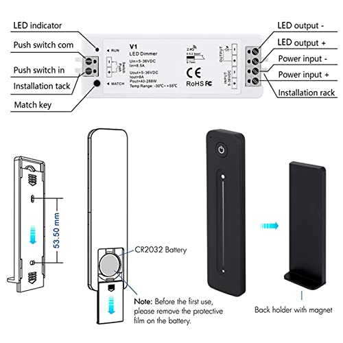 Interruptor inalámbrico PWM regulador para tira LED 12V 24V 8A monocolor 5