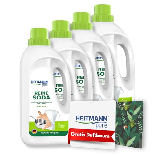 HEITMANN pure Reine Soda | Vielseitiger Reiniger für Fett, Schmutz, Flecken & Gerüche | Natürlich & umweltfreundlich | Für Haushalt & Garten | 4 x 1 L + GRATIS Duftbaum