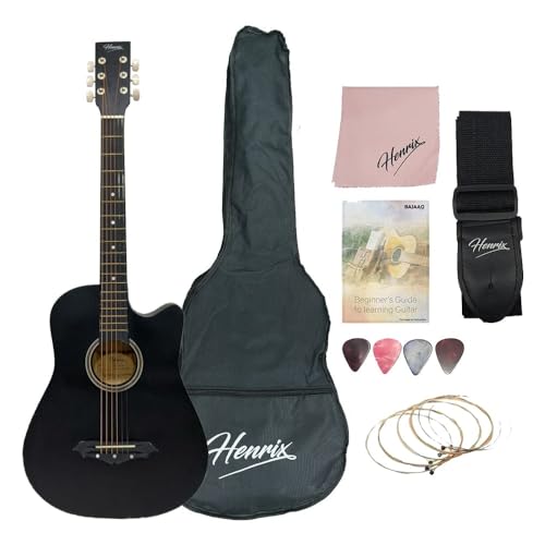 Image of Henrix 38C 38 Inch Cutaway Acoustic Guitar with Dual Action Truss Rod, Gigbag, Picks, String Set, Strap, Cloth & Ebook - Matte Black