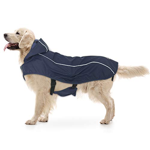 NINEMAX Big Dog Raincoat Waterproof Dog Jacket Coat Dog Raincoat with Hood for Cold Weather Rainy Day Reflective Vest Dog Rain Poncho for Medium Large Dogs (Navy Blue, XL)