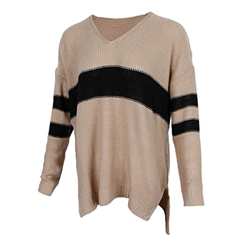 menolana Feminino Casual Cor Bloco Decote em V Manga Comprida Tops Moletom Solto - Cáqui S