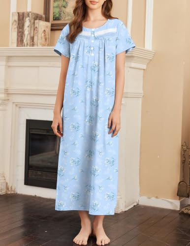 Image of Ekouaer Nightgown for Women Cotton Long Night Gown Short Sleeve Nightdress with Pockets Button Sleepshirt Soft Sleepwear