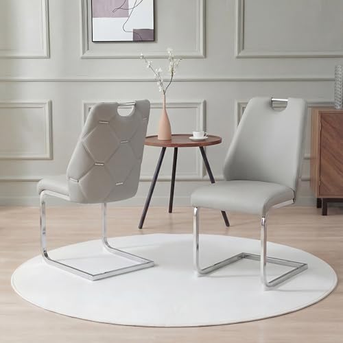Gray Dining Chairs, Sillas para Comedor, Modern Dining Chairs Set of 2 with Leather,Geometric Tufted Back,Chrome Leg,Ergonomic Design,Easy to Clean,Ideal for Dining Room,Office,Living Room(Gray,2)
