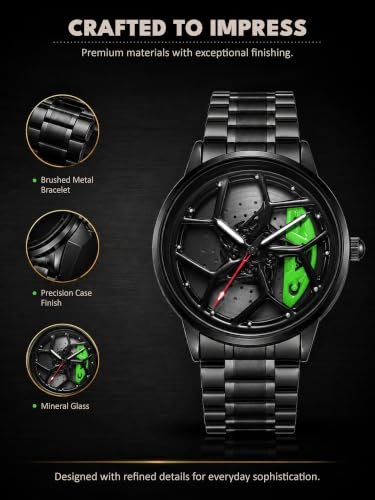 Image of V2A Men's Analog Automotive Inspired Wheel Rim Design Wrist Watch | Stainless Steel Bracelet| Quartz Movement | 30M Water Resistant | Premium Black Metal Strap Watch for Men | Casual & Formal