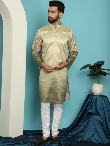 Image of SOJANYA (Since 1958, Men's Jacquard Silk Multi Shade Sequinned & White Pyjama Set