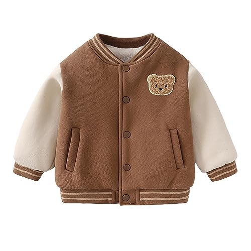 Toddler Kids Fleece Lined Baseball Jacket Long Sleeve Color Block Plush Outerwear Boys Girls Cute Bear Jackets