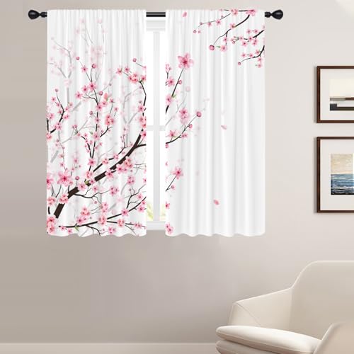 Coxila Lot de 2 rideaux de fenêtre à motif fleurs de cerisier pour chambre à coucher, 106,7 x 160 cm, rose et blanc avec passe-tringle – Motif floral japonais, printemps et fille – Motif Sakura