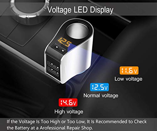 Car Charger Extension Cigarette Lighter Adapter,Socket Splitter with 3 USB and Voltage Meter,Compatible for iPhone 8/7/X/6S/XR,iPad,Samsung Galaxy S9/S8,iPad,GPS,Android Phone (Silver)