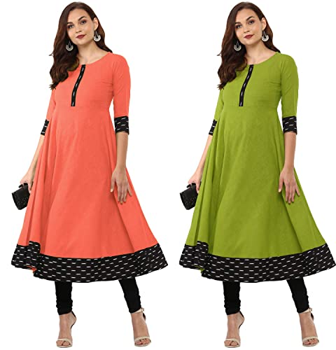Image of NATEK Plain Cotton Anarkali Gowns Dress for Ladies Girls - Combo Set of 2 Peach, Mehandi Color X-Large Size