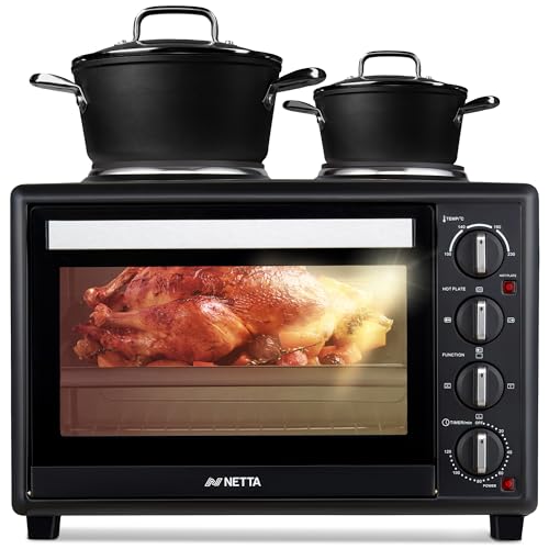 NETTA 35L Electric Mini Oven with Double Hotplate, Multiple Cooking Functions & Grill, Adjustable Temperature Control, 120 Minute Timer, Accessories Included