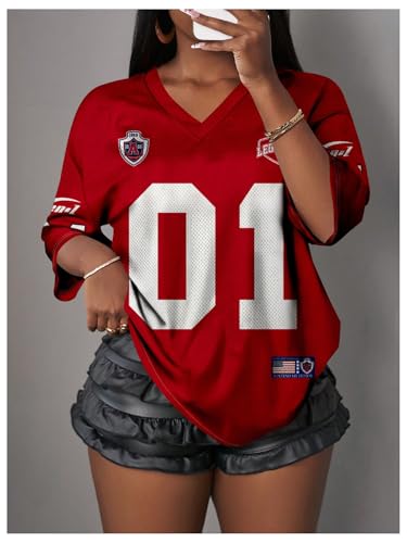 WDIRARA Women's Oversized Jersey Shirts Number Graphic Tee V Neck Half Sleeve T-Shirt Tops3