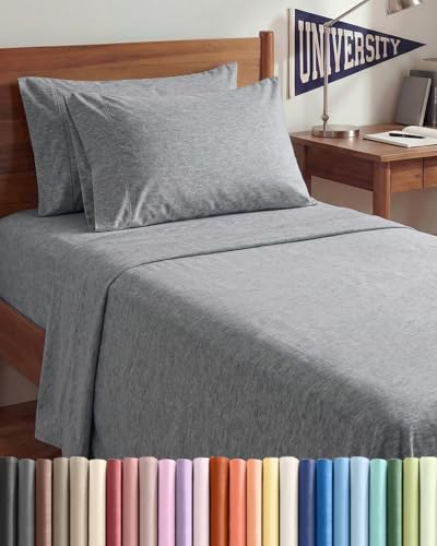 Image of Twin XL 4 Piece Sheet Set - College Dorm Room Essentials - Heathered Grey | Ultra Soft Dorm Bedding Set, 8 inch to 16 inch Inch Deep Pockets, 1 Flat & 1 Fitted Sheet & 2 Pillowcases, Wrinkle & Fade Free