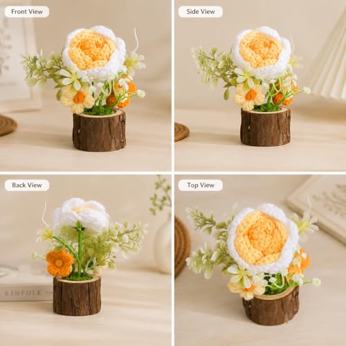 Image of Handmade Crochet Flower with Real Wood Base, 12 cm Yellow White & Green Artificial Knitted Rose Bouquet for Home Office Table Shelf Desk Decor, Bedroom Living Room Gift Decoration
