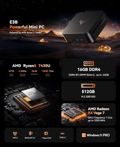 Image of KAMRUI E3B Mini PC with AMD Ryzen 5 7430U (Beat 5500U, up to 4.3GHz), 16GB DDR4 512GB M.2 SSD Mini Computer, Mini Gaming PC with USB Type-C Supports Triple 4K Display, WiFi 6, BT 5.2