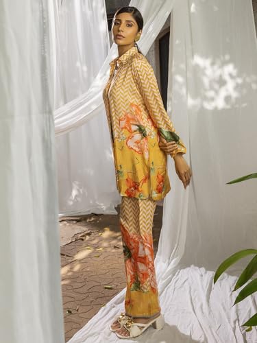 Image of Women's Printed Silk Blend Co-Ord Set Long Sleeves Shirt and Trouser Set for Women | Ethnic Co-Ord Set (RWDROUT1041)