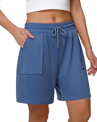 Cowasto Womens Cotton Sweat Shorts Casual Summer Loose Athletic Short Drawstring Waist Lounge Running Shorts with Pockets Blue3