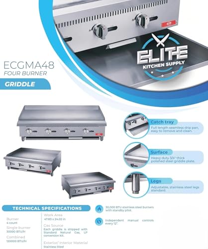 Commercial Countertop Griddle, ETL 48" Flat Top Grill Natural Gas (NG) / Propane, 4 Burners - 120000 BTU