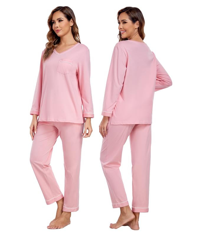 COLORFULLEAF Pijama largo para mujer, 100% algodón, pijama de dos piezas, cuello en V, ropa de dormir de manga larga