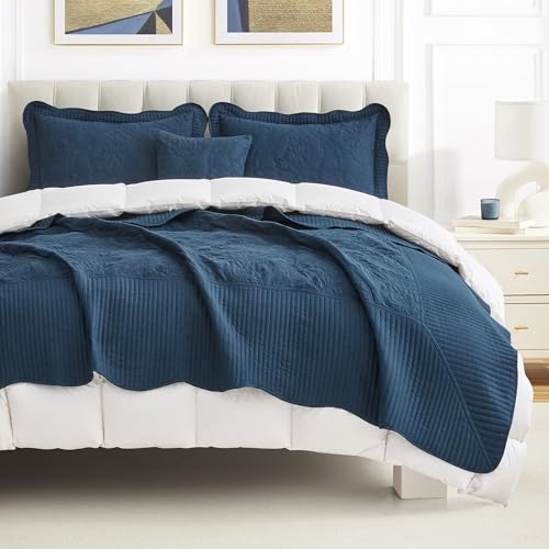Image of CHIXIN Bedspread Coverlet Quilt Set Full Size - Lightweight Bedding Cover - Beautiful Stitching - 5 Piece Reversible Bedspread - Gorgeous Damask Paisley Pattern (Full, Navy)