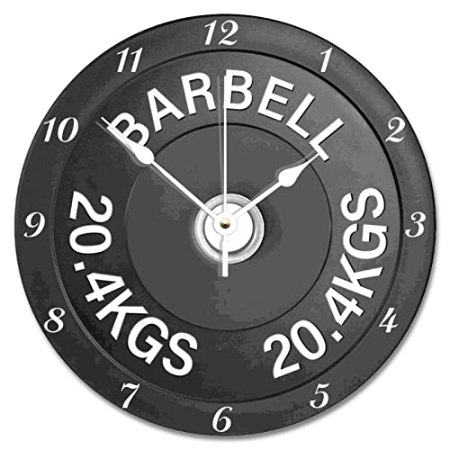 Round wooden wall clock with a barbell and weight plate design on the face