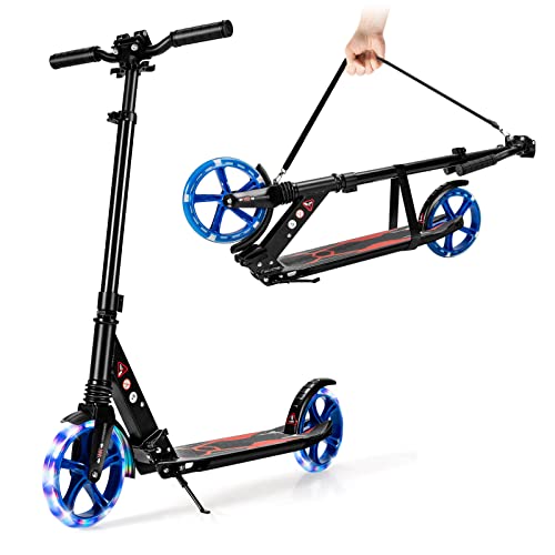 Goplus Foldable Kick Scooter, Razor Scooter w/ 8" LED Light-Up Wheels, Height-Adjustable T-Bar, Shock-Absorbing System, Shoulder Strap, Foot Brake, Scooters for Adults Teens Kids 8 Years Old+(Black)