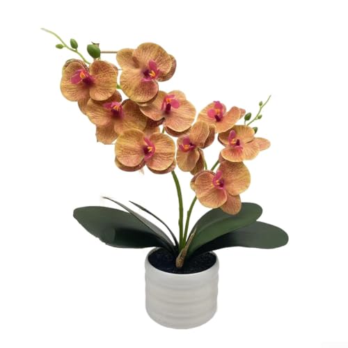 CYRENT Grande orchidea artificiale in vaso – Elegante orchidea rosa finta composizione per casa, ufficio, camera da letto, tavolo, centrotavola floreale in seta realistica, 35 cm (giallo)
