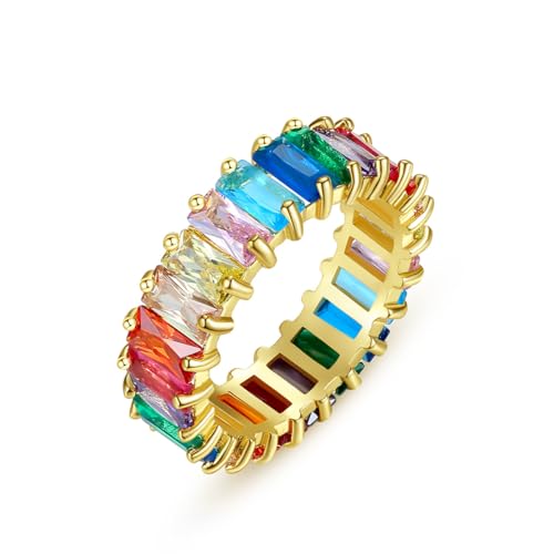 Colorful Rectangle Moissanite Eternity Band in 14K Gold for Women, Ideal for Birthday and Engagement Celebrations, Size 6-9