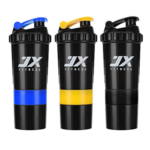 JX FITNESS Sports Protein Mixer Shaker Bottle- Leak Proof Sports Bottle- 16oz Shaker Cup with Measurement Mixing Grid- 5oz Split Twist Off Storage for Powder or Capsule- BPA Free