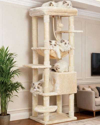 Image of Heybly Cat Tree for Large Cats, 20lbs Heavy Duty, 60 inches HCT050M | Cat Tower for Indoor Cats with Big Padded Plush Perch, Multi-Level Furniture Condo with Cozy Basket, Beige