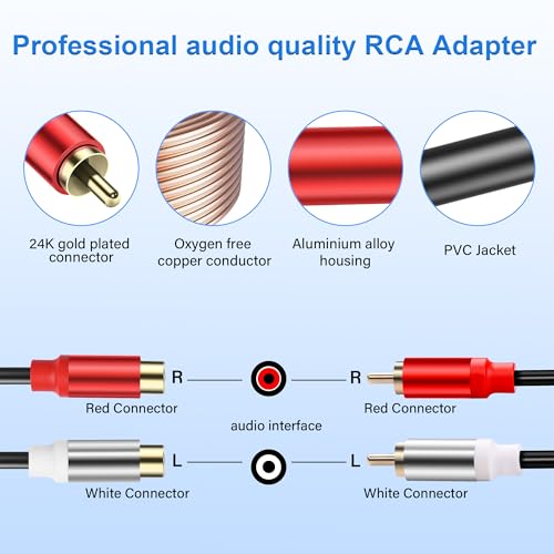 JSADZKJ 5.9ft 2 RCA Male to Female Audio Cable, 24K Gold Plated, Compatible with Hi-Fi Systems, Home Theater, Speakers - Image 2