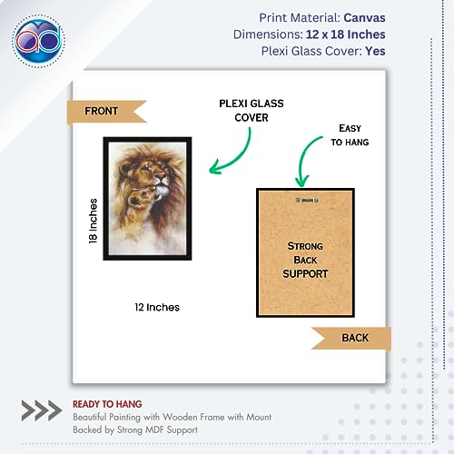 Image of Mad Masters Lion Wild Animal Painting Aesthetic Hanging Photo Frame Decorative Item Home Decoration and Wall Decor for Living Room and Bedroom (MM 1104, 45.7L x 30.5W cm, Canvas, With Plexi Glass)